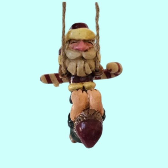 The Plum Creek Folks Vtg  "Hanging The Santa & Elf" Ornament Candy Cane  Trapeze - Picture 1 of 13